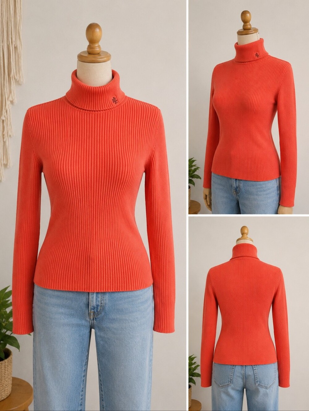 Lauren Ralph Lauren Coral Orange Ribbed Turtleneck Sweater P/S